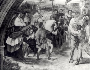 Le Pape Léon I (c.390-461) Repoussant Attila (c.406-453) 1511-14 (détail) - Raffaello Sanzio Raphael